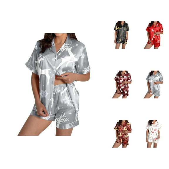 Bamboo Pajamas for Women – Cozy Summer Lounge Pajama Shorts Women's Reindeer Print Short Sleeve & Shorts Pajama Set For Christmas
