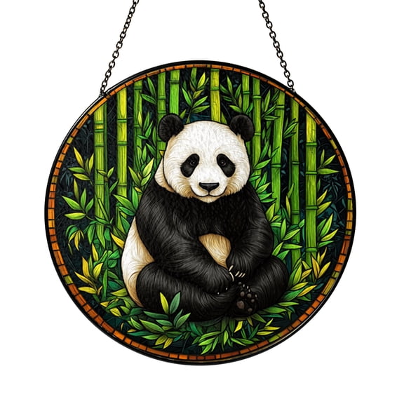 Bamboo Panda Stained Glass Style Panel, Decorative Window Hanging with Animal and Plant Composition