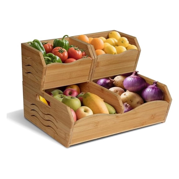 Bamboo Pantry Organizer 3 Piece Set - Stackable Kitchen Storage Baskets for Potatoes, Onions, Fruits & Vegetables - Natural Bamboo Produce Bins with Handles