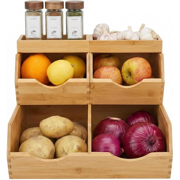 Bamboo Pantry Storage Bins Set 5 Pieces - Stackable Baskets, Potato and Onion Storage, Bamboo Wood Storage Bins for Pantry Baskets Organization and Storage, Kitchen Essential