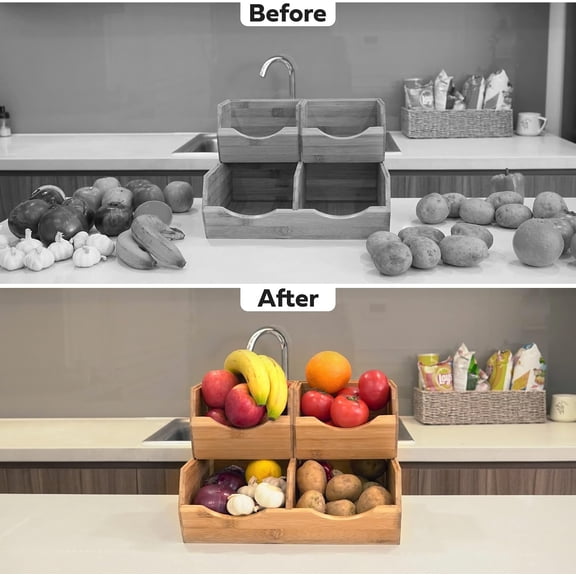 Bamboo Pantry Storage Bins - Stackable Baskets, Potato and Onion Storage for Pantry Organization, Set 3 Pieces