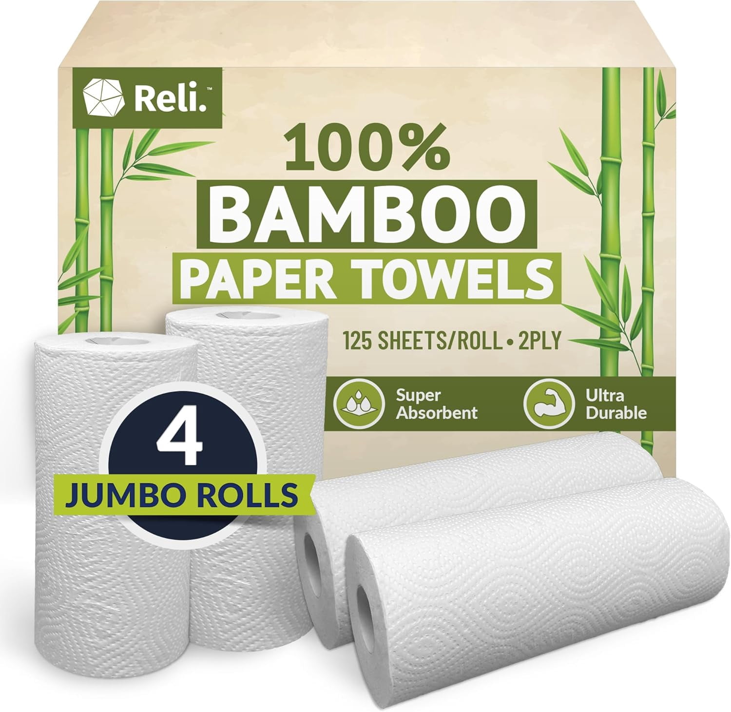 Bamboo Paper Towels (4 Pack Jumbo) | Rolls 2 Ply 125 Sheets/Roll Full Size Sheets Unbleached Organic for Kitchen Bathroom 100%