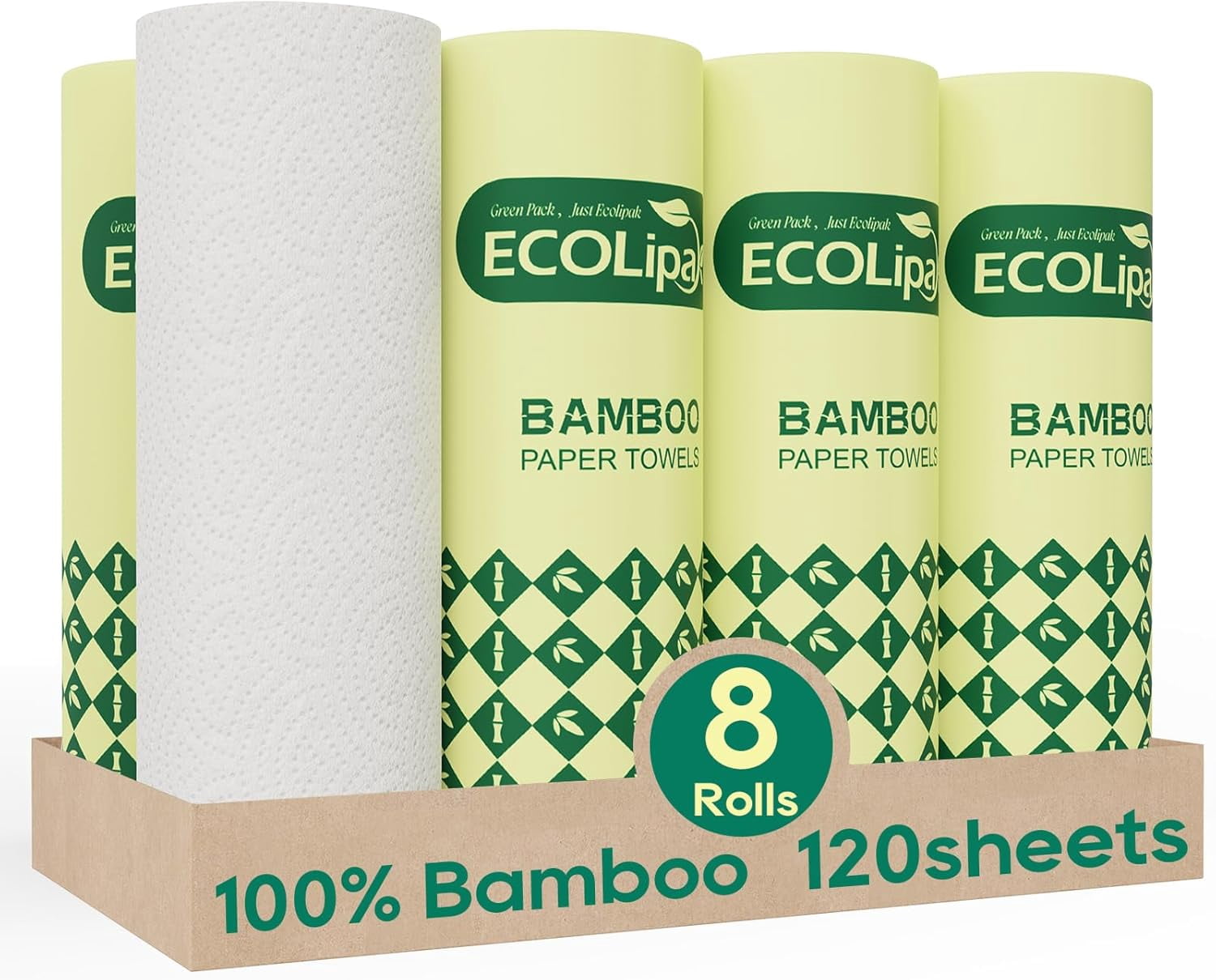 Bamboo Paper Towels - 8 Rolls, 2 Ply 120 Sheets- Plastic Free, Tree Compostable, Disposable Kitchen Towels, Soft and Absorbent, PFAS White