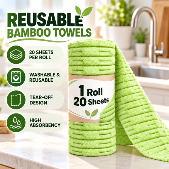 Bamboo Paper Towels Reusable Bamboo Towels Washable Kitchen Towels Microfiber Cleaning Cloths Absorbent Tear Away Roll