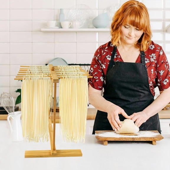 Bamboo Pasta Drying Rack with Transfer Wand & 12 Arms, Collapsible Pasta Dryer for Homemade Noodle, Spaghetti, Tagliatelle, Detachable Fettuccine Hanger Stand with 12 Bars