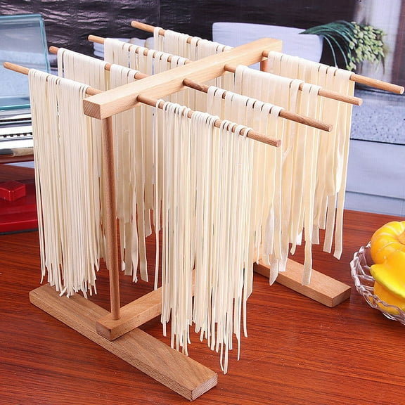 Bamboo Pasta Drying Rack with Transfer Wand | 12 Hanging Bars for Spaghetti & Fettuccine | Foldable Design for Easy Storage | 16 x 12 x 12 Inches