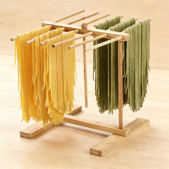 Bamboo Pasta Drying Rack with Transfer Wand and 12 Bars, Easy to Transfer for Drying Pasta and Cooking, Special Suspension Design for Large Storage
