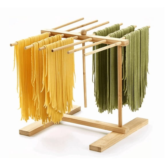Bamboo Pasta Drying Rack with Transfer Wand and 12 Bars, Easy to Transfer for Drying Pasta and Cooking, Special Suspension Design for Large Storage