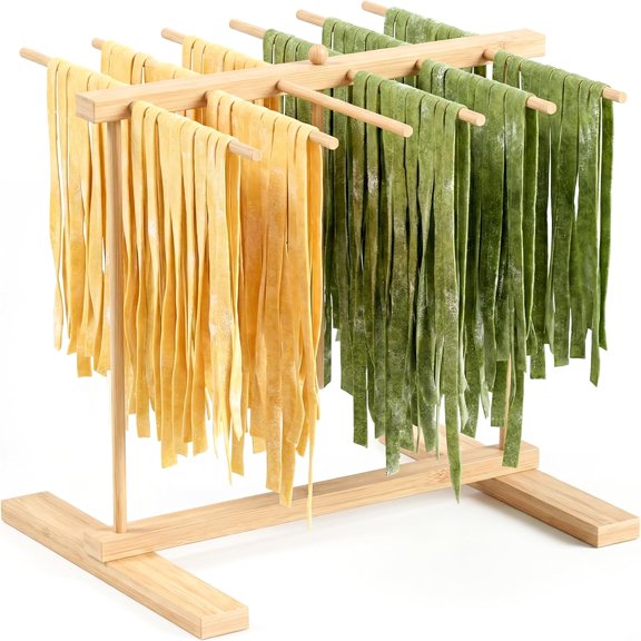 Bamboo Pasta Drying Rack with Transfer Wand and 12 Bars, Noodle Drying Rack for Pasta, Pasta Dryer Stand, Pasta Hanger for Kitchen