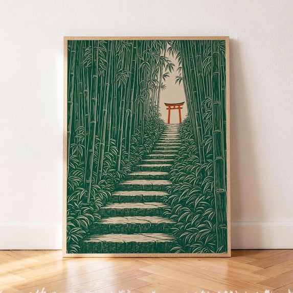 Bamboo Path Poster, Japanese, Torii Steps Ukiyo E, Woodblock Green ...