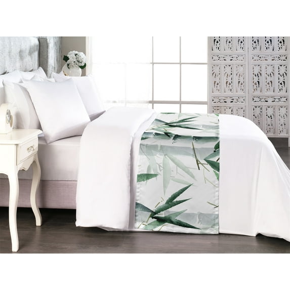 Bamboo Pattern Bed Runner, Forest Aura with Branches and Leaves Modern Minimal Tranquil Design, Decorative Accent Bedding Scarf for Hotels Homes & Guest Rooms, Queen, Reseda Green White, by Ambesonne