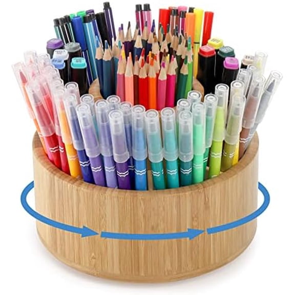 Bamboo Pen Holder Organizer, 360Rotating Art Supply Organizer with 11 Compartments, Color Pencil Storage Caddy, Hold 200+ Pencils, Office Desk Stand Box for Marker Pens, Pencil, Art Brushes$$Office