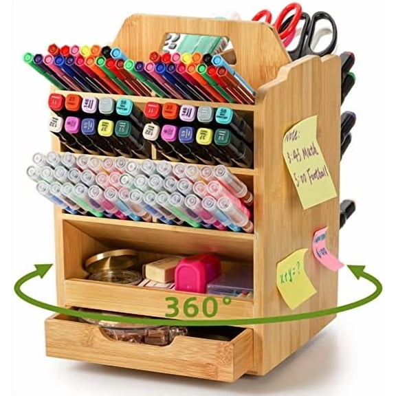 Bamboo Pen Holder Organizer, 360Rotating Art Supply Storage Caddy, Hold 400+ Pencils, 15 compartments Office Desk Stand Box with Handle for Marker Pens, Colored Pencil, Art Brushes$$Office