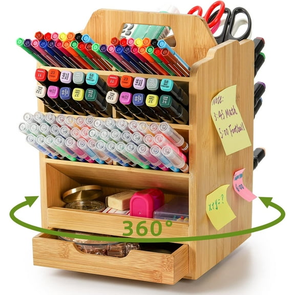 Bamboo Pen Holder Organizer, 360Rotating Art Supply Storage Caddy, Hold 400+ Pencils, 15 compartments Office Desk Stand Box with Handle for Marker Pens, Colored Pencil, Art Brushes