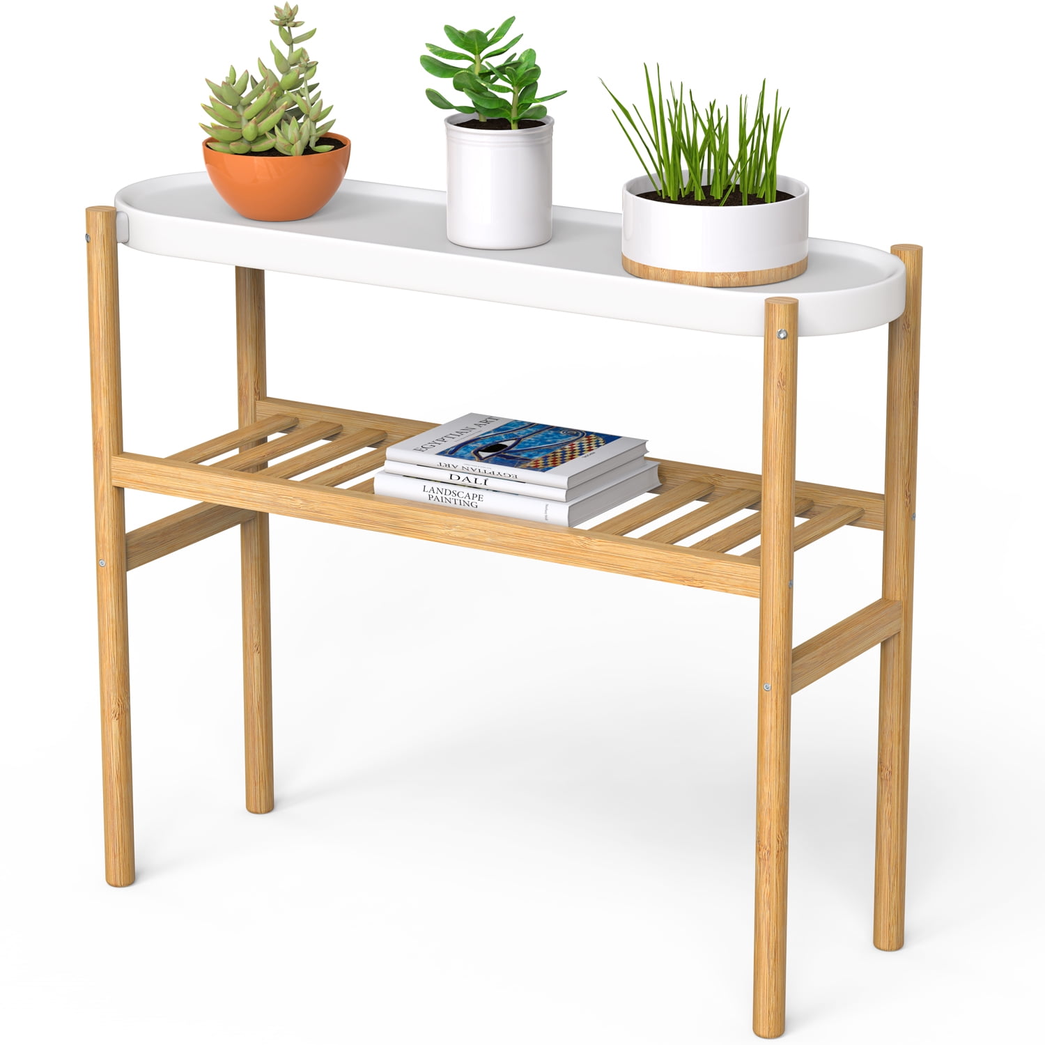 Bamboo Plant Shelf Indoor, 2 Tier Tall Plant Stand Table for Multiple