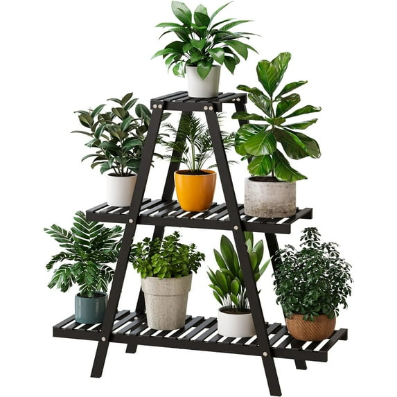 Bamboo Plant Stand Indoor/Outdoor, 3-Tier, Black, Rectangular, 8 Potted Flower Holder Ladder Plant Rack