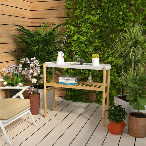 Bamboo Plant Stands Indoor, 2 Tier Steel Tray Plant Table Tall Corner Multiple Plant Holder Display Rack for Outdoor Garden Home