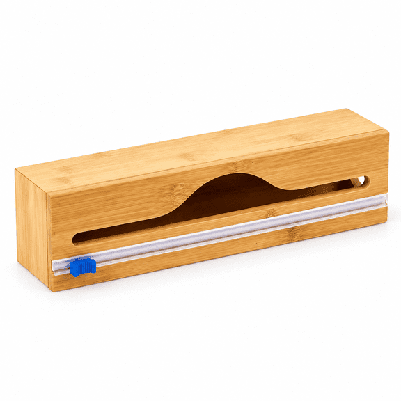 Bamboo Plastic Wrap Dispenser with Cutter, Wall Mount Foil Organizer 33.5×8×7cm