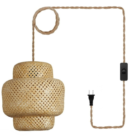 Bamboo Plug in Pendant Light: Boho Hanging Lamp with 14.7ft Cord and On/Off Switch, Handmade Rattan Woven Pendant Lamp,Plug in Hanging Light Fixture for Living Room, Bedroom, Kitchen, E26 No Bulb