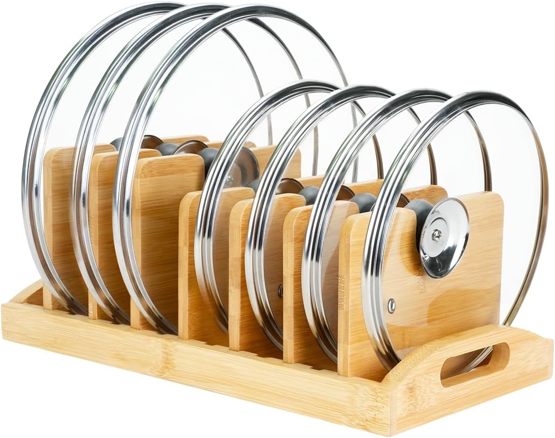 Bamboo Pot Lid Organizer,Pot Lid Holder Pot and Pan Organizer Drawer Organizer for Pot Lids,Pans, Cutting Boards & Baking Sheets, Dinner Plates