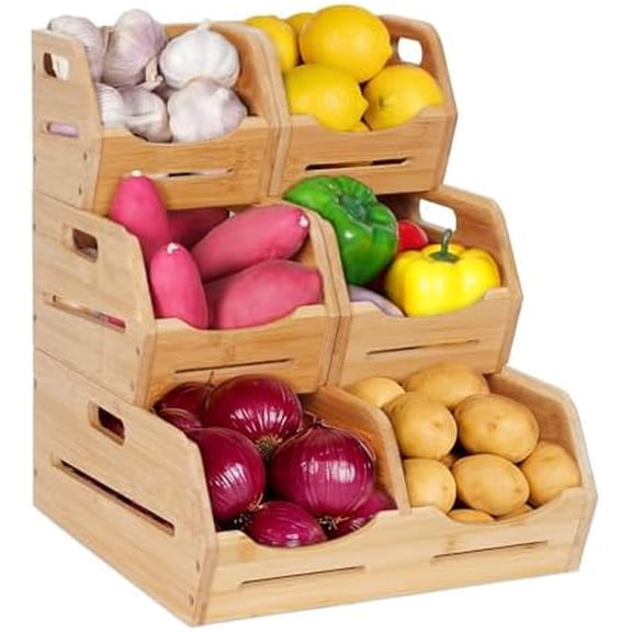 Bamboo Potato and Onion Storage Bins Pantry Organizers 3 Tier Stackable Vegetable Baskets Multipurpose Fruit Organization Containers for Kitchen - Set of 5$$Home Decor, Kitchen, & Other