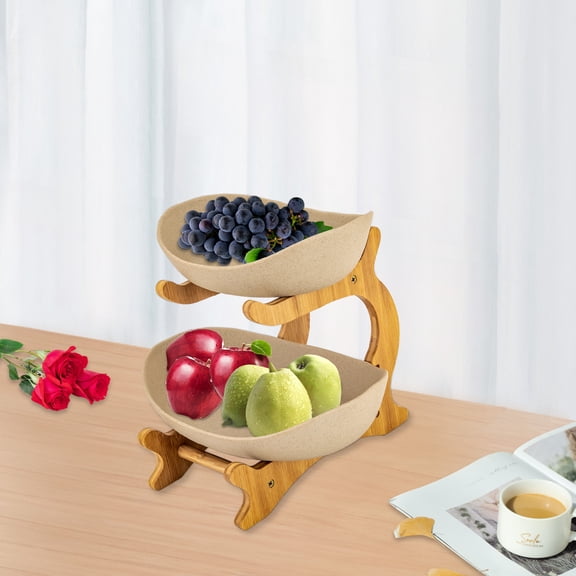 Bamboo & Pottery Two-Tier Fruit Bowl Set Khaki Stackable Serving Tray for Snacks, Cakes Buffet & Wedding Party Display