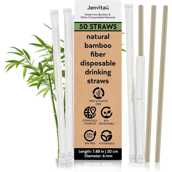 Bamboo Powder Biodegradable Straws (50-Pack) - 7.88" Compostable Straws Individually Wrapped | 100% Compostable | Durable & Disposable | Made for Hot & Cold Drinks, Commercial or Home Use