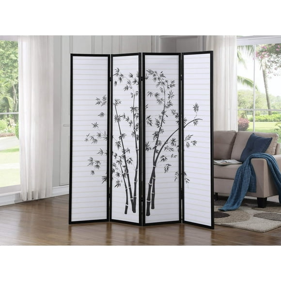 Bamboo Print 4 Panel Framed Room Screen Divider, Black Black Wood Paper