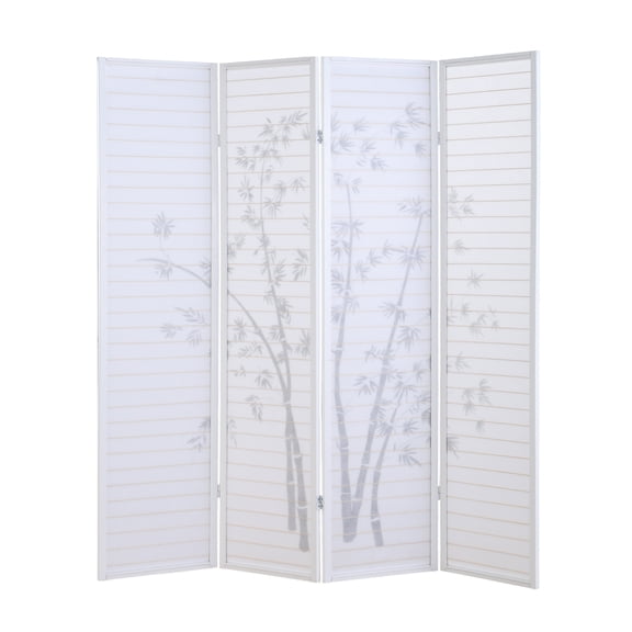 Bamboo Print 4-Panel Framed Room Screen/Divider, White,