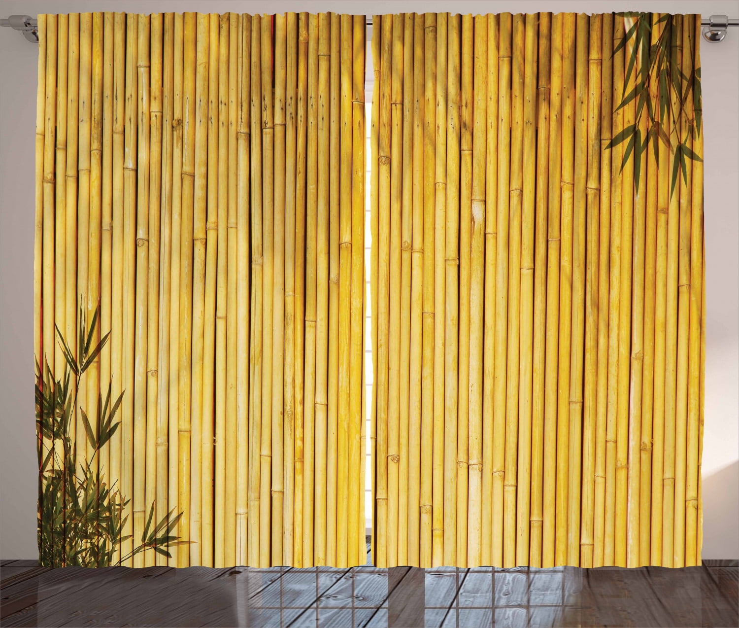 Yellow Bamboo Print Polyester Rod Pocket Curtain Panels