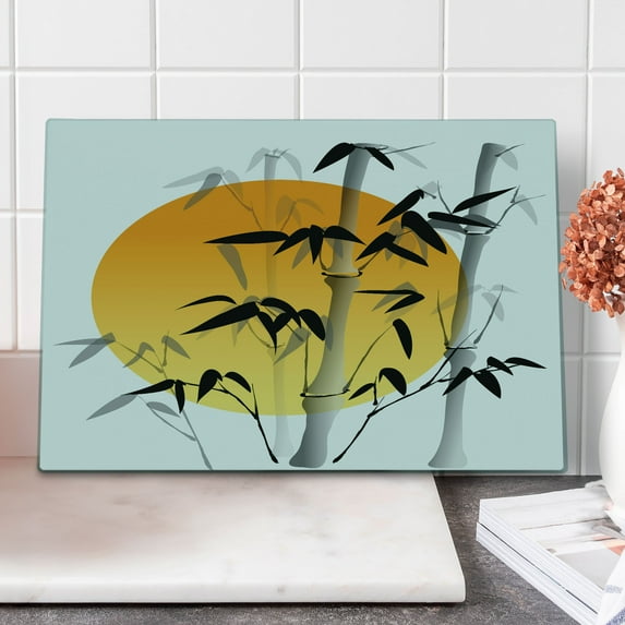 Bamboo Print Cutting Board, Bamboos Across the Sun Aesthetic Japanese Culture Lifestyle, Decorative Tempered Glass Cutting and Serving Board, Large Size, Orange Black White, by Ambesonne