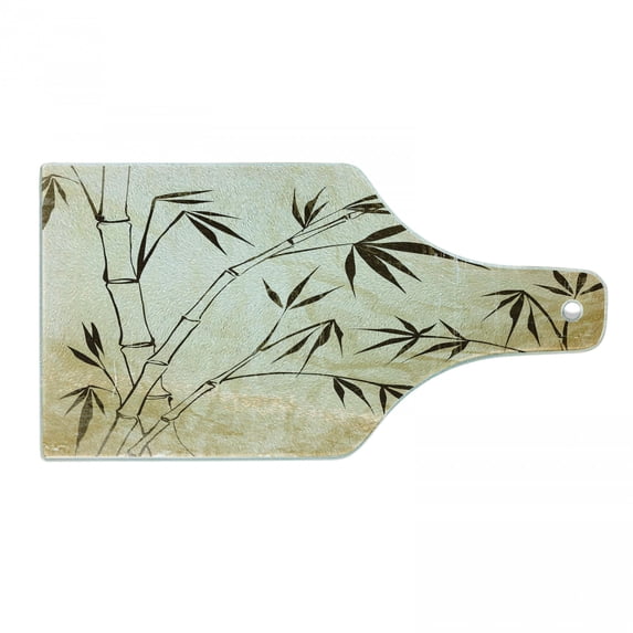 Bamboo Print Cutting Board, Gradient Bamboo Leaves Flexibility Complex Root Structure Stable Travelers, Tempered Glass Cutting and Serving Board, Wine Bottle Shape, Brown Cream, by Ambesonne