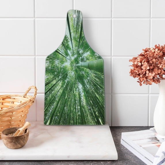 Bamboo Print Cutting Board, Tropical Rain Forest Tall Bamboo Trees in Grove Exotic Style Nature Theme Image, Tempered Glass Cutting and Serving Board, Wine Bottle Shape, Green, by Ambesonne