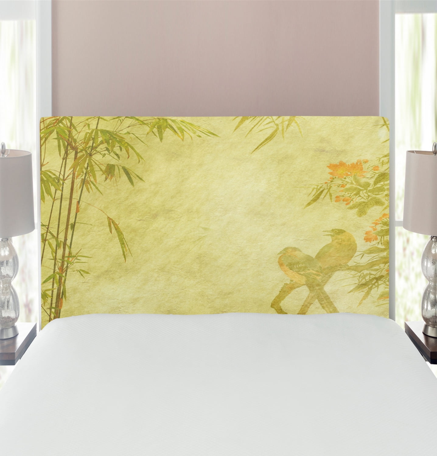 Bamboo Print Headboard, Silhouettes of Birds on the Branch and Bamboo