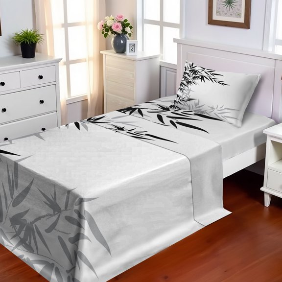 Ambesonne Asian Themed Fitted & Top Sheet Set with Sham, Monochrome Art Leaves, White and Black