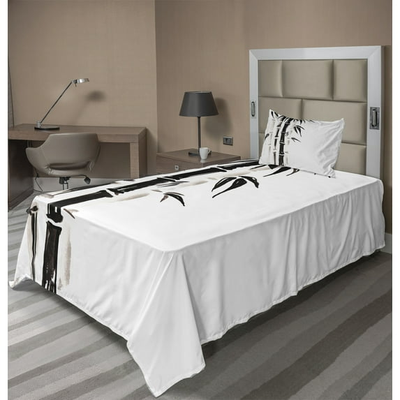 Ambesonne Asian Themed Fitted & Top Sheet Set with Sham, Folk Chinese Pattern, Black and Cream