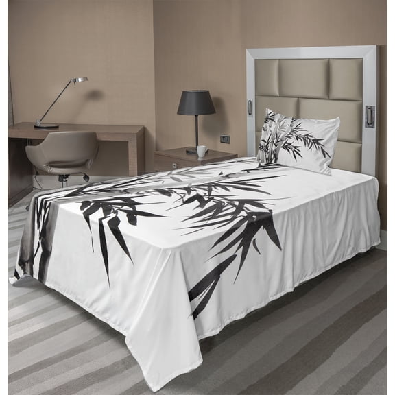 Ambesonne Black White Fitted & Top Sheet Set with Sham, Watercolor Tree Branch, Charcoal Grey and White