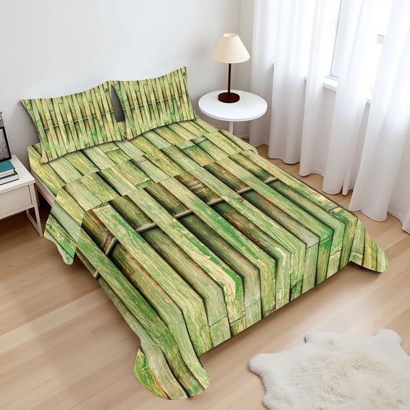 Ambesonne Rustic Fitted & Top Sheet Set with Shams, Botanical Wooden Picture, Fern Green and Khaki