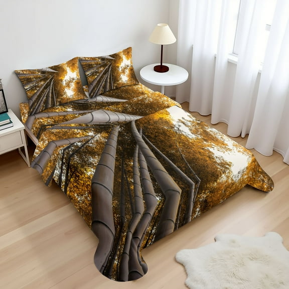 Ambesonne Forrest Fitted & Top Sheet Set with Shams, Fall Landscape Branch View, Yellow and Brown