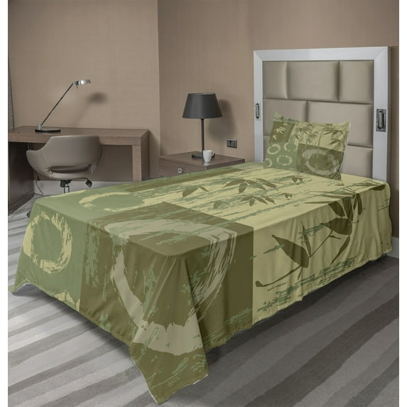 Bamboo Print Sheet Set, Circle and Bamboo Silhouette over Vintage Color Oriental Eastern Patchwork Art, Fitted and Flat Sheet with Pillowcase Bedding Accent 3 Piece Set, Twin XL, Green, by Ambesonne