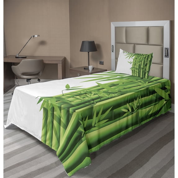 Ambesonne Forest Fitted & Top Sheet Set with Sham, Japanese Tree Leaf Artwork, White and Green