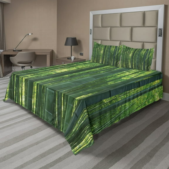 Ambesonne Asian Themed Fitted & Top Sheet Set with Shams, Green Wild Exotics, Green