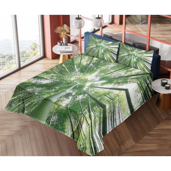 Ambesonne Green Fitted & Top Sheet Set with Shams, Tropic Rain Forest and Sky, Green