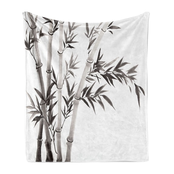 Bamboo Print Soft Flannel Fleece Blanket, Traditional Bamboo Leaves Meaning Wisdom Growth Renewal Unleash Your Power Art, Cozy Plush for Indoor and Outdoor Use, 70" x 90", Grey White, by Ambesonne