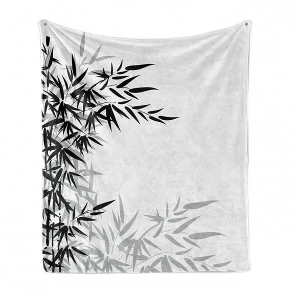 Bamboo Print Soft Flannel Fleece Throw Blanket, Bamboo Leaves on Clear Simple Background Organic Life Illustration, Cozy Plush for Indoor and Outdoor Use, 60" x 80", Black and White, by Ambesonne