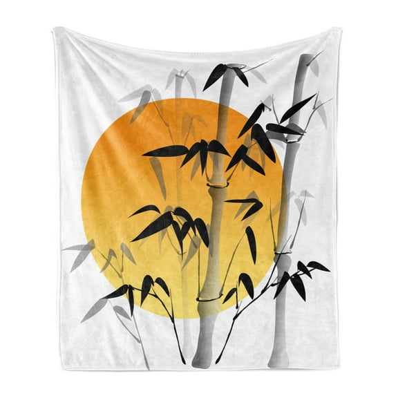 Bamboo Print Soft Flannel Fleece Throw Blanket, Bamboos Across the Sun Aesthetic Japanese Culture Lifestyle, Cozy Plush for Indoor and Outdoor Use, 60" x 80", Orange Black White, by Ambesonne
