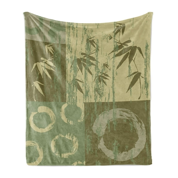 Bamboo Print Soft Flannel Fleece Throw Blanket, Circle and Bamboo Silhouette over Vintage Color Oriental Eastern Patchwork Art, Cozy Plush for Indoor and Outdoor Use, 60" x 80", Green, by Ambesonne