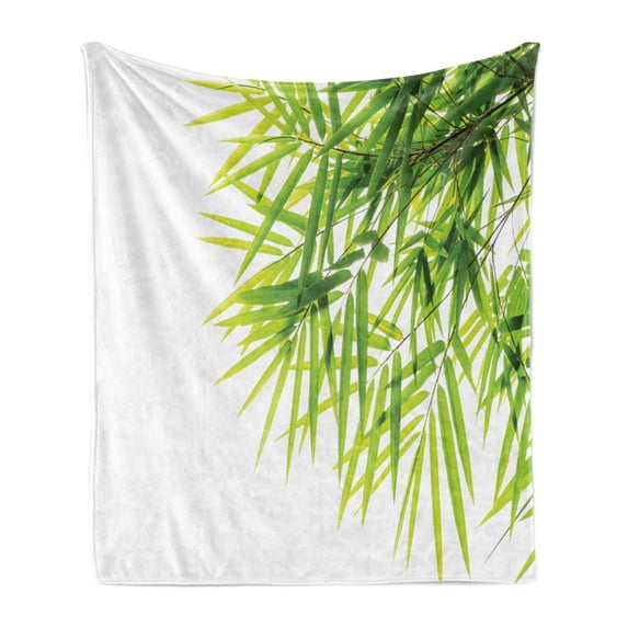 Bamboo Print Soft Flannel Fleece Throw Blanket, Bamboo Leaf Illustration for Wellbeing Health Fresh Purity Tranquil Art, Cozy Plush for Indoor and Outdoor Use, 50" x 70", Green White, by Ambesonne
