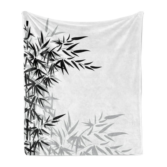 Bamboo Print Soft Flannel Fleece Throw Blanket, Bamboo Leaves on Clear Simple Background Organic Life Illustration, Cozy Plush for Indoor and Outdoor Use, 70" x 90", Black and White, by Ambesonne