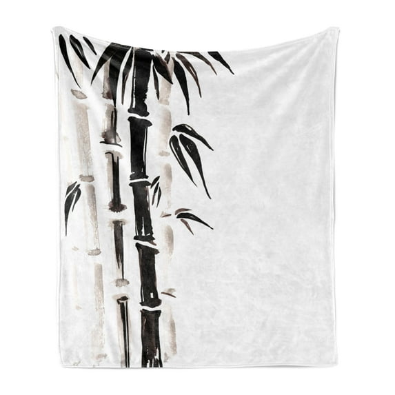 Bamboo Print Soft Flannel Fleece Throw Blanket, Bamboo Pattern in Traditional Chinese Watercolor Painting Style Art, Cozy Plush for Indoor and Outdoor Use, 60" x 80", Black Cream, by Ambesonne